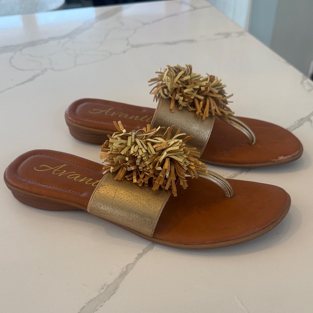 Avanti Metallic Gold Pom-Pom Leather Slide Sandals